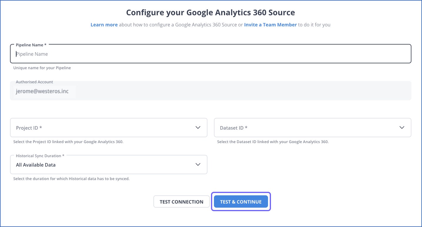 google analytics 360 to redshift: configure google analytics 360 as source setting parameters